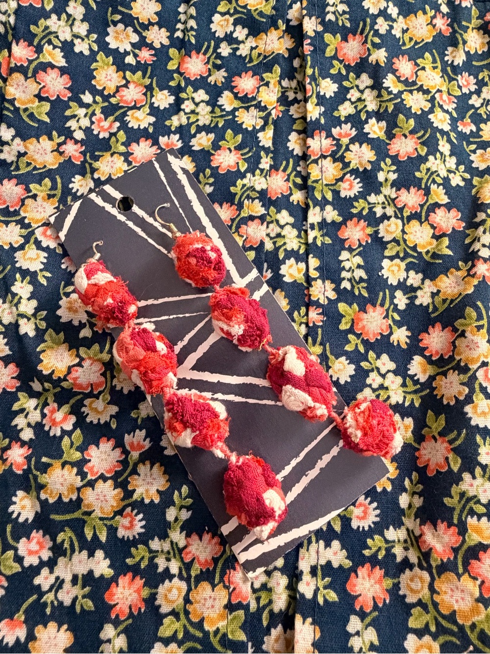 Handmade Red Fabric Pom Pom Drop Earrings